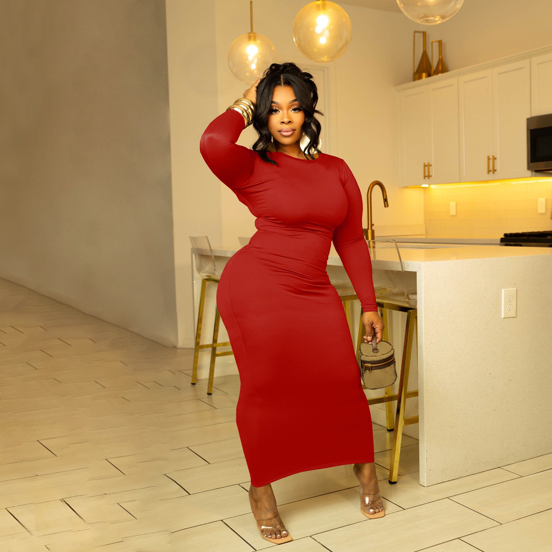 Fashion Women Solid Color Round Neck Long Sleeve Sexy Slim Long Dress 5