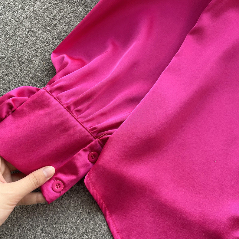 Women French Long Sleeve Chic Satin Shirt 19