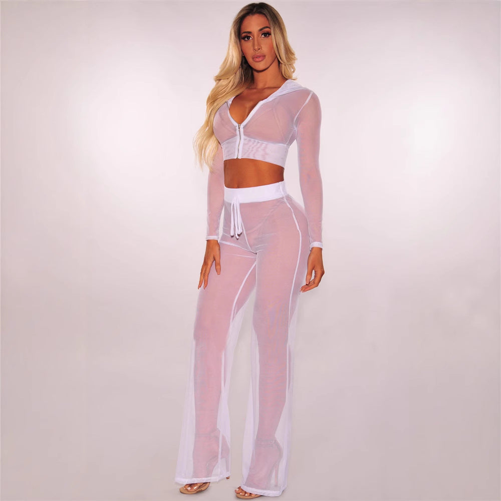 Summer Sexy Long Sleeve See-Through Mesh Hooded Zip-Up Top & Straight Pants Two-Piece Set 5