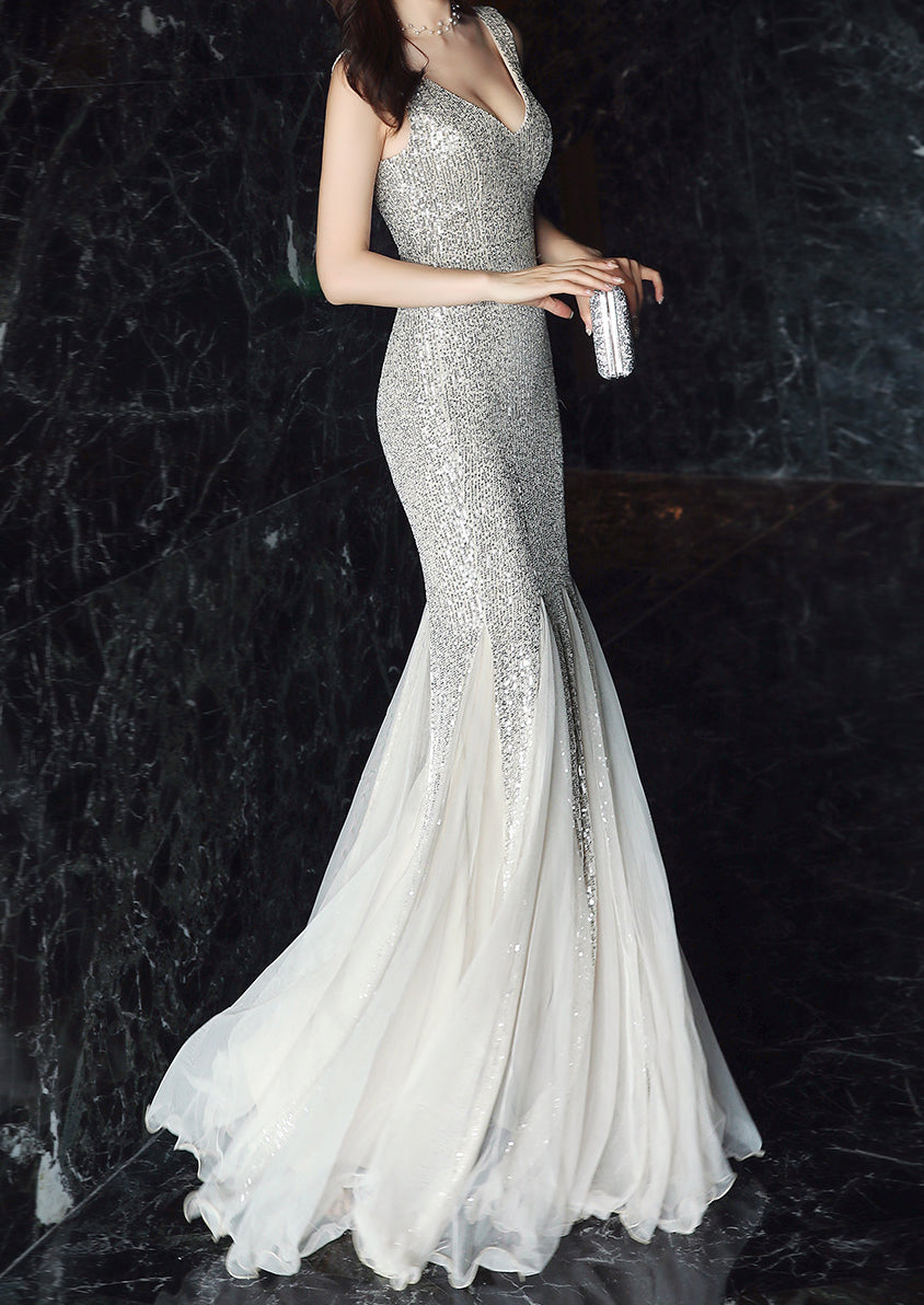 Women Formal Party Elegant Fishtail Sequined Evening Dress 6