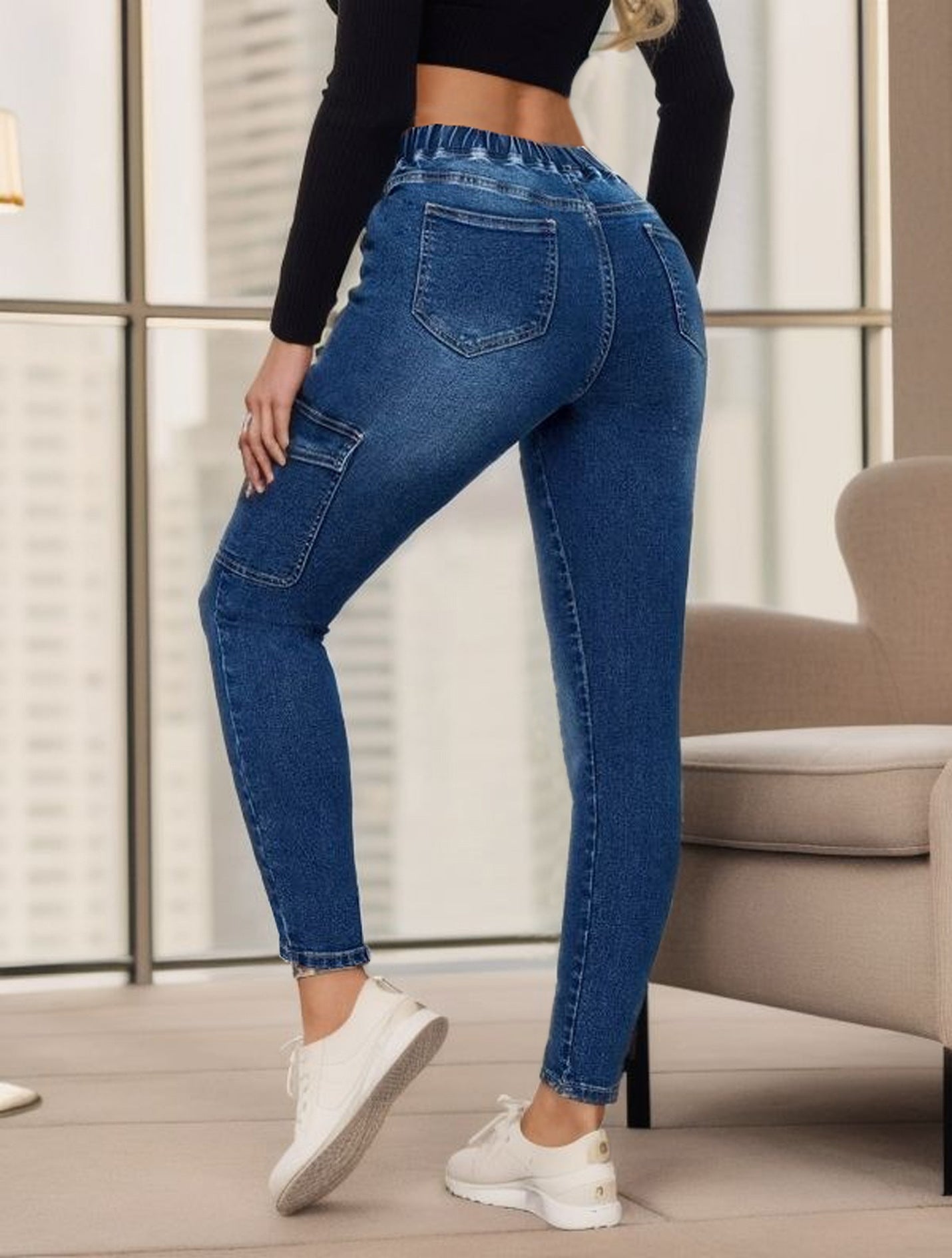 Drawstring Elastic Waist Stretch Fit Tight Denim Pants