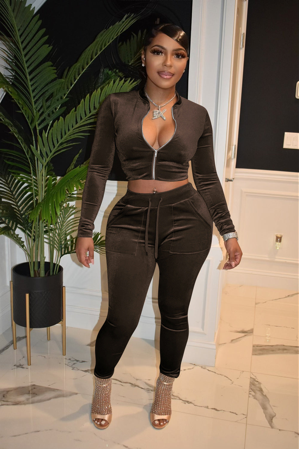 Ladies Fashion Casual Solid color Zip Long Sleeve Two Piece Tracksuit 9