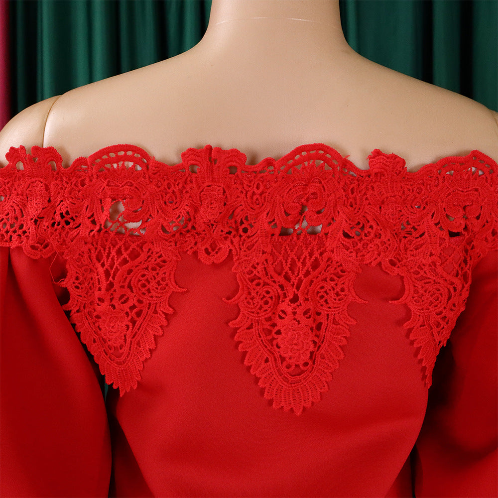 Women Off Shoulder Puff Sleeve Lace Patchwork Formal Party Mermaid Dress 39