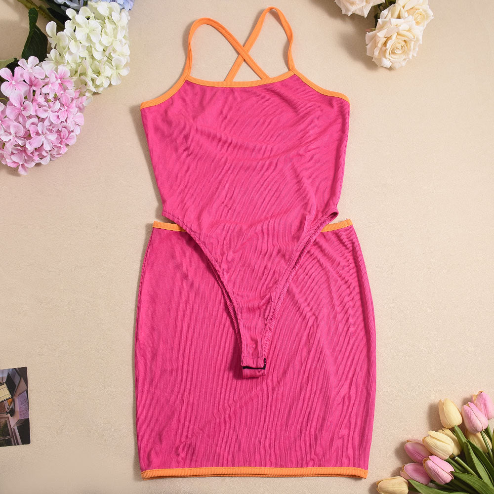 Autumn Slim Contrast Low Back Bodysuit Skirt Two Piece Set 7