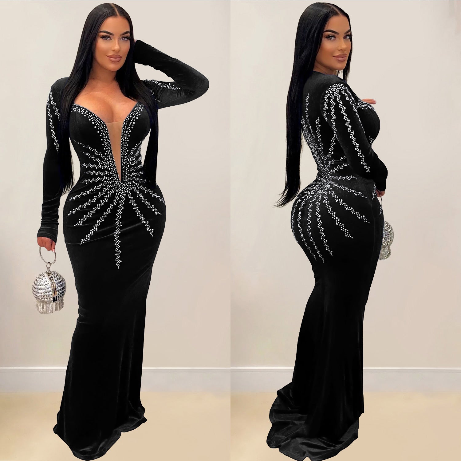 Women Solid Sexy Beaded Long Sleeve Dress 5
