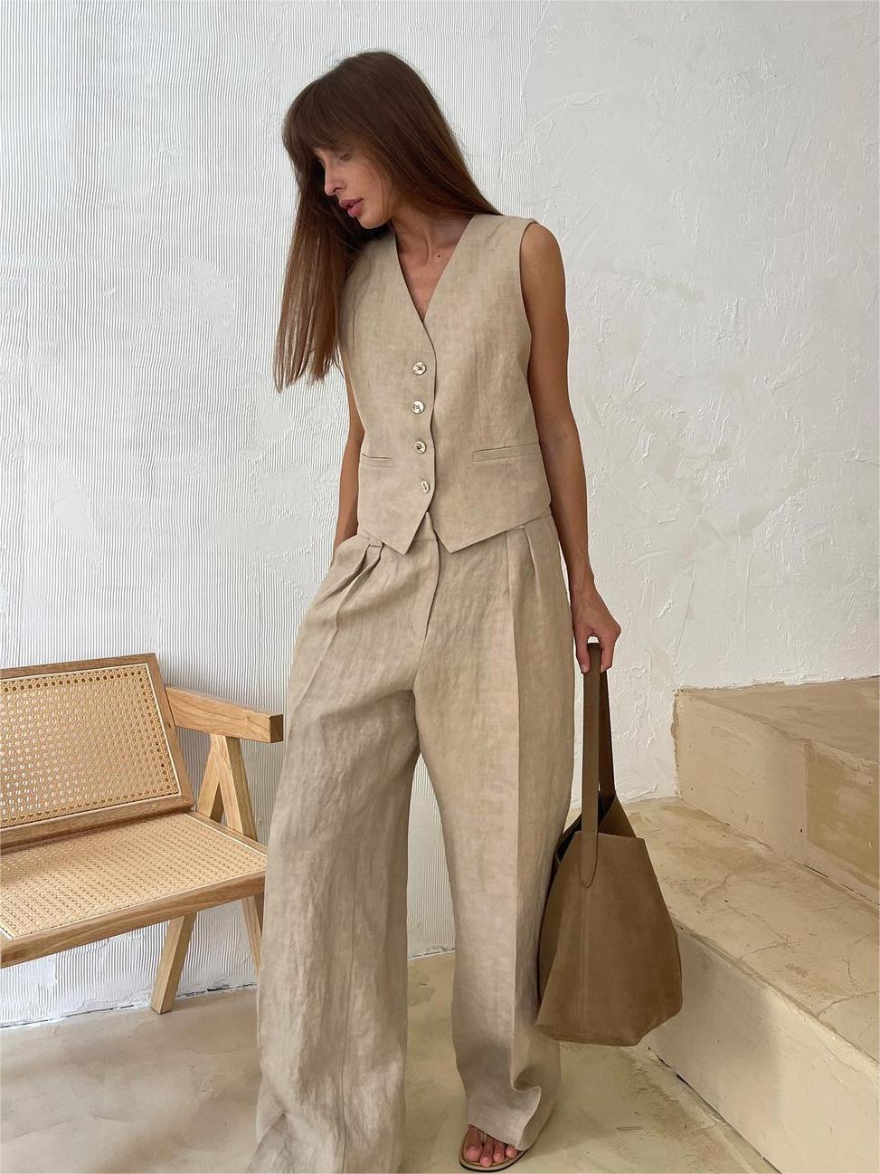 Women Casual Single-Breasted Vest + Pants Two-Piece Set 9