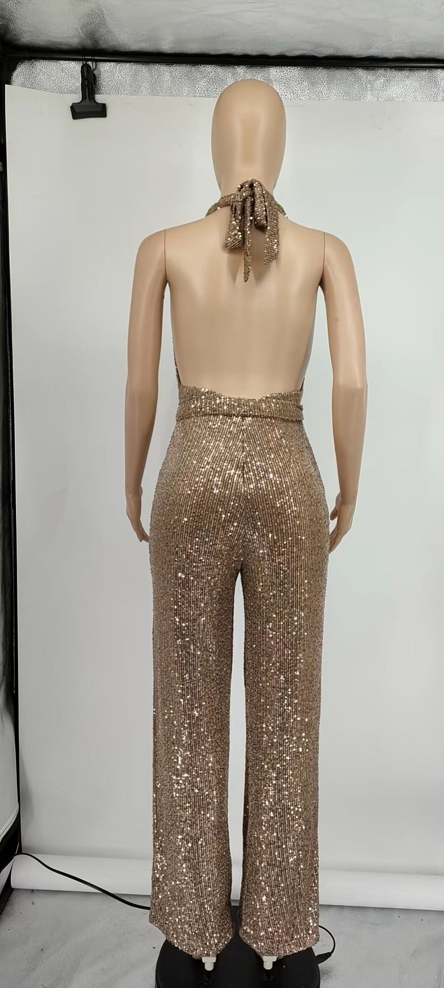 Women Sleeveless Halter Neck Sequined Lace-Up Jumpsuit with Belt 8