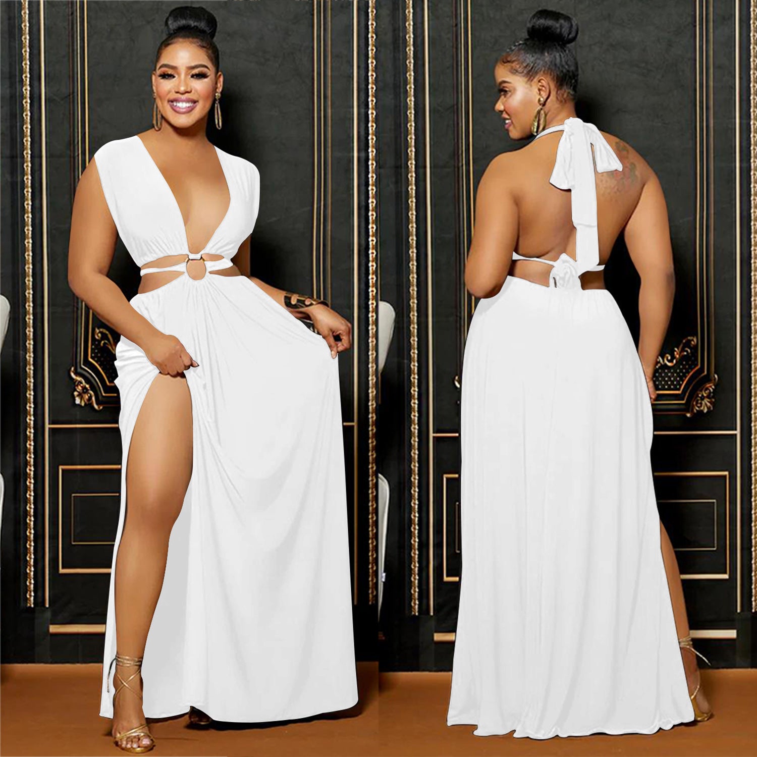 Fashion Women's Solid Low Back V-Neck Sleeveless Long Dress 8