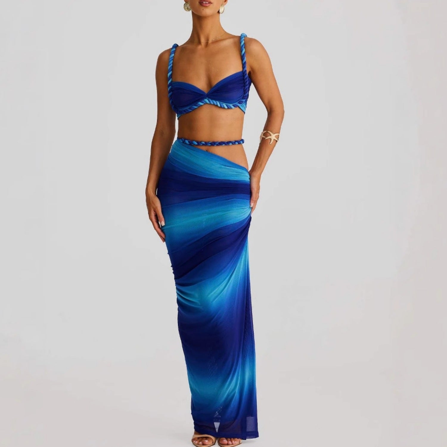 Summer Sexy Fashion Beach Braided Strap Top Slit Skirt Set