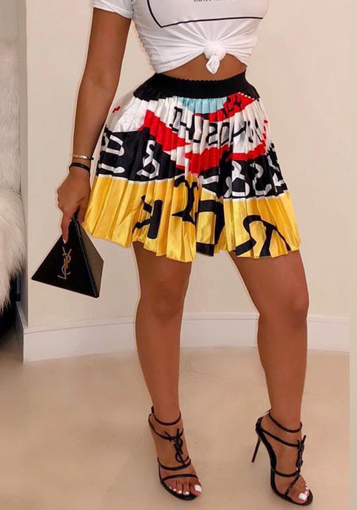 Women's Fashion Letter Print Cartoon Pleated Mini Skirt
