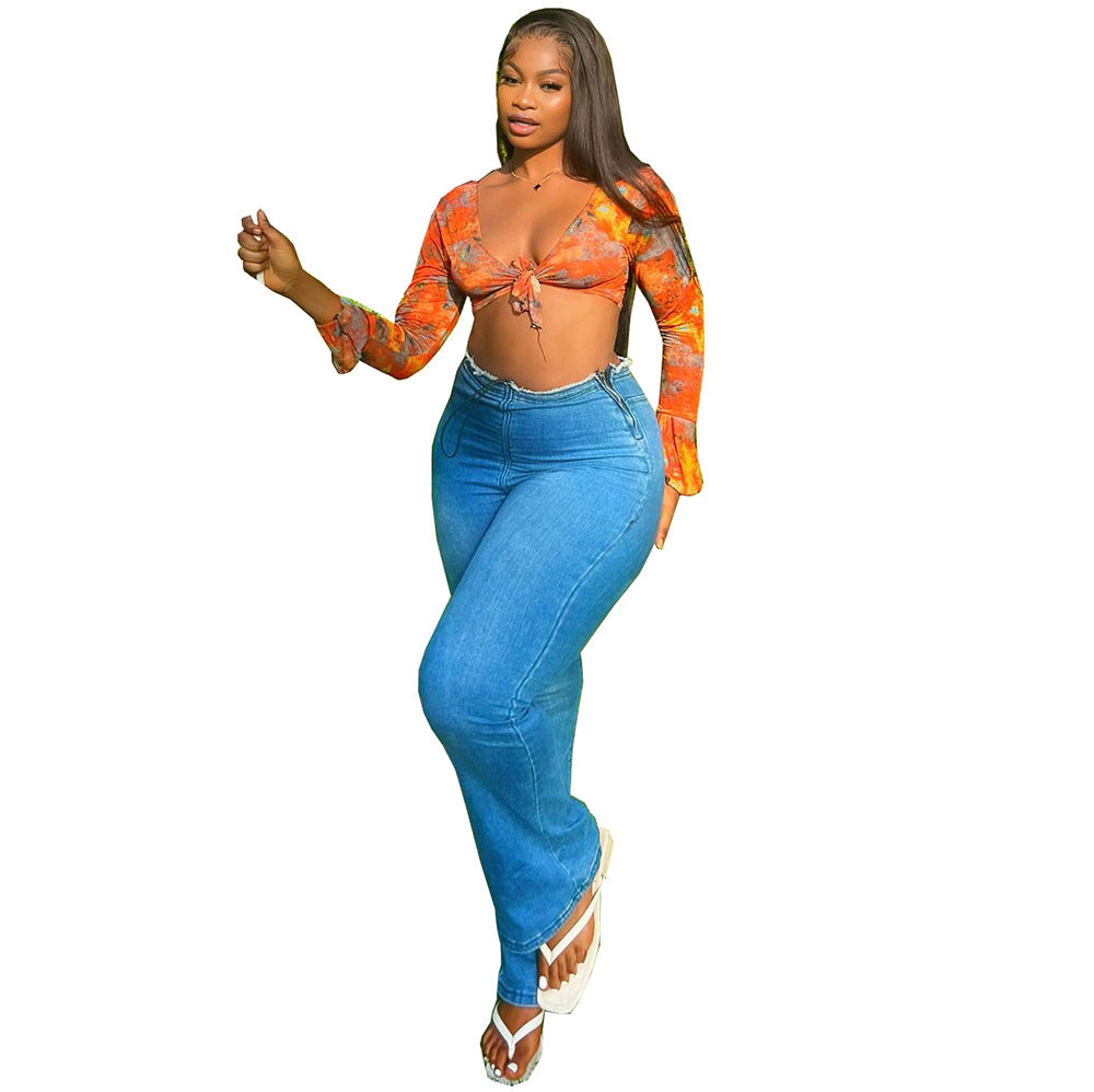 Women's Street Fashion Pleated High Waist Stretch Denim Casual Pants 7