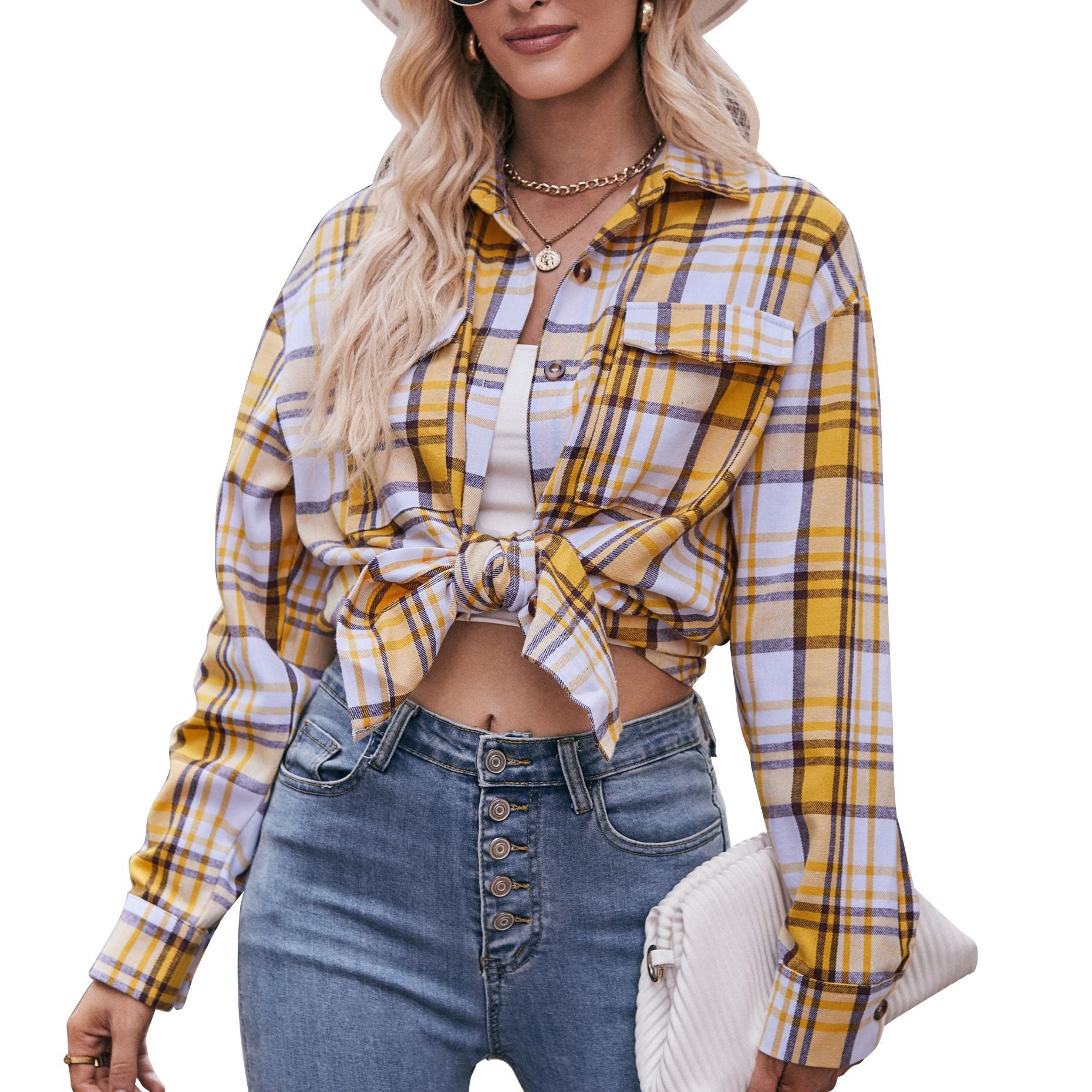Women Casual oversize loose plaid shirt 14