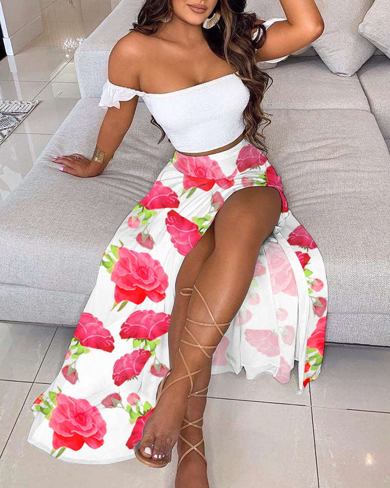 Women Summer French Bohemian Print Strapless Top and Skirt Two-Piece Set 31