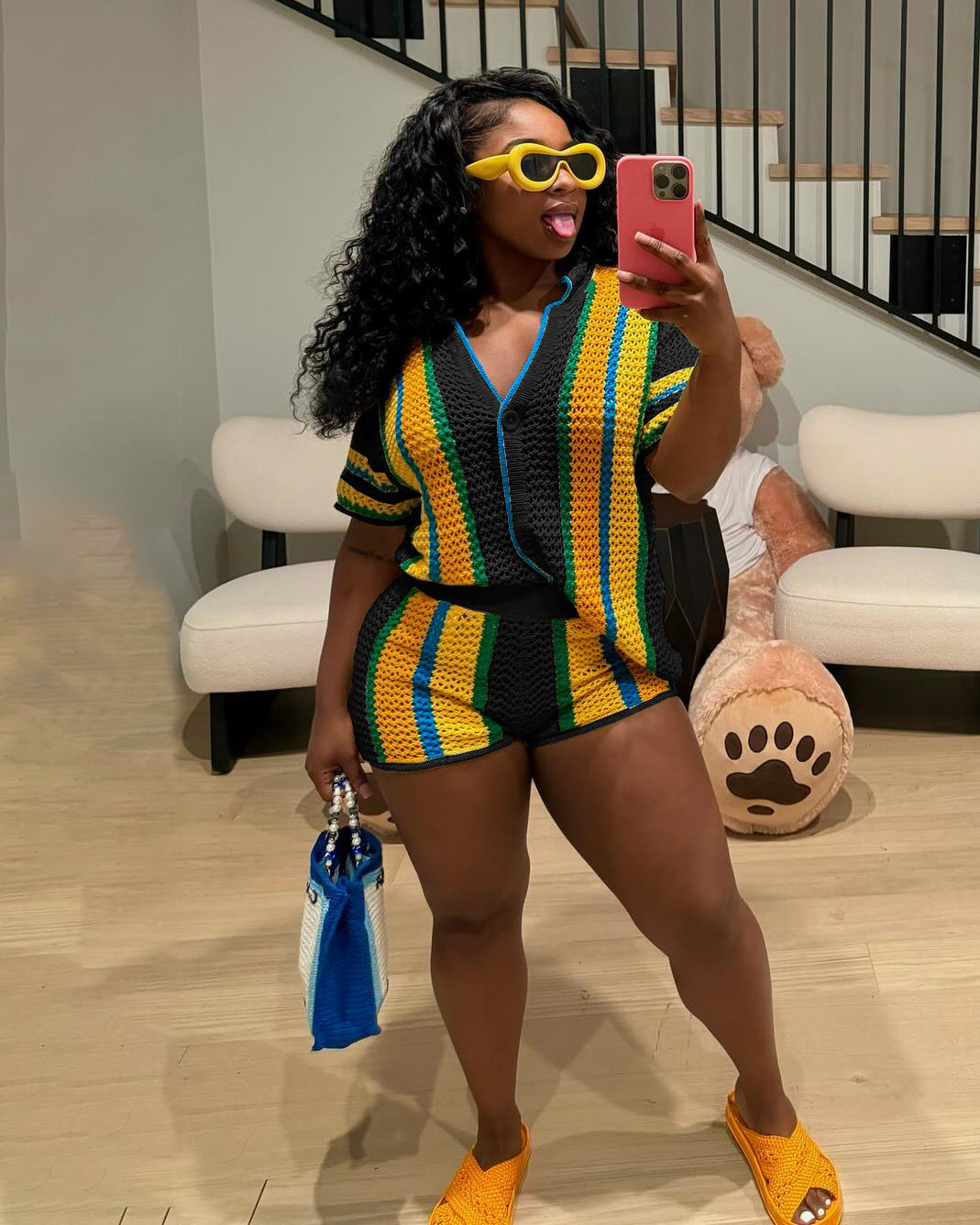 Women's Sexy Hollow Turn-Down Collar Knit Shorts Set 3