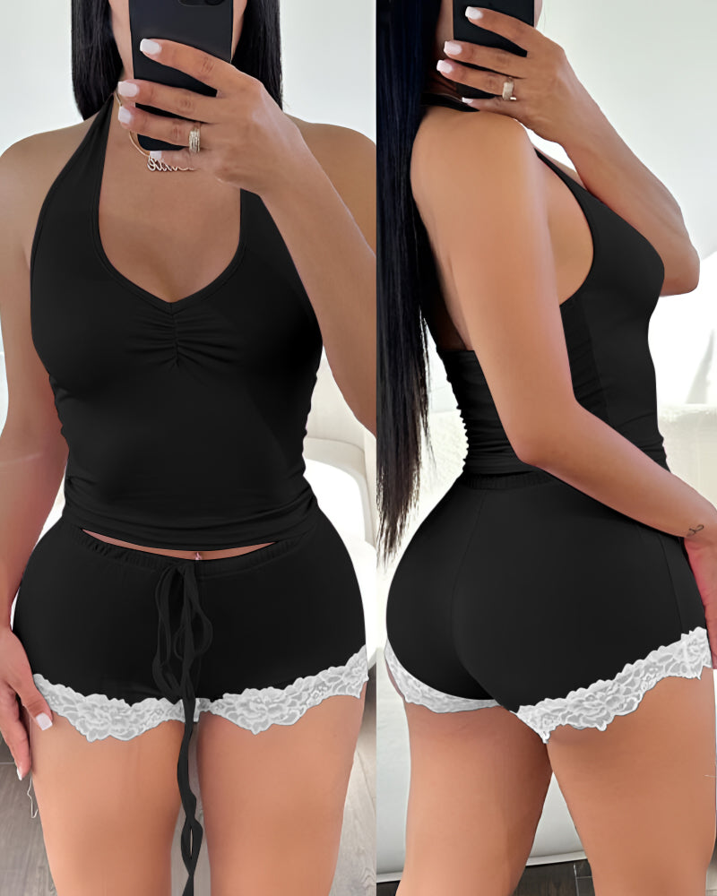 Women V-Neck Backless Drawstring Top and Shorts Two-Piece Set 3