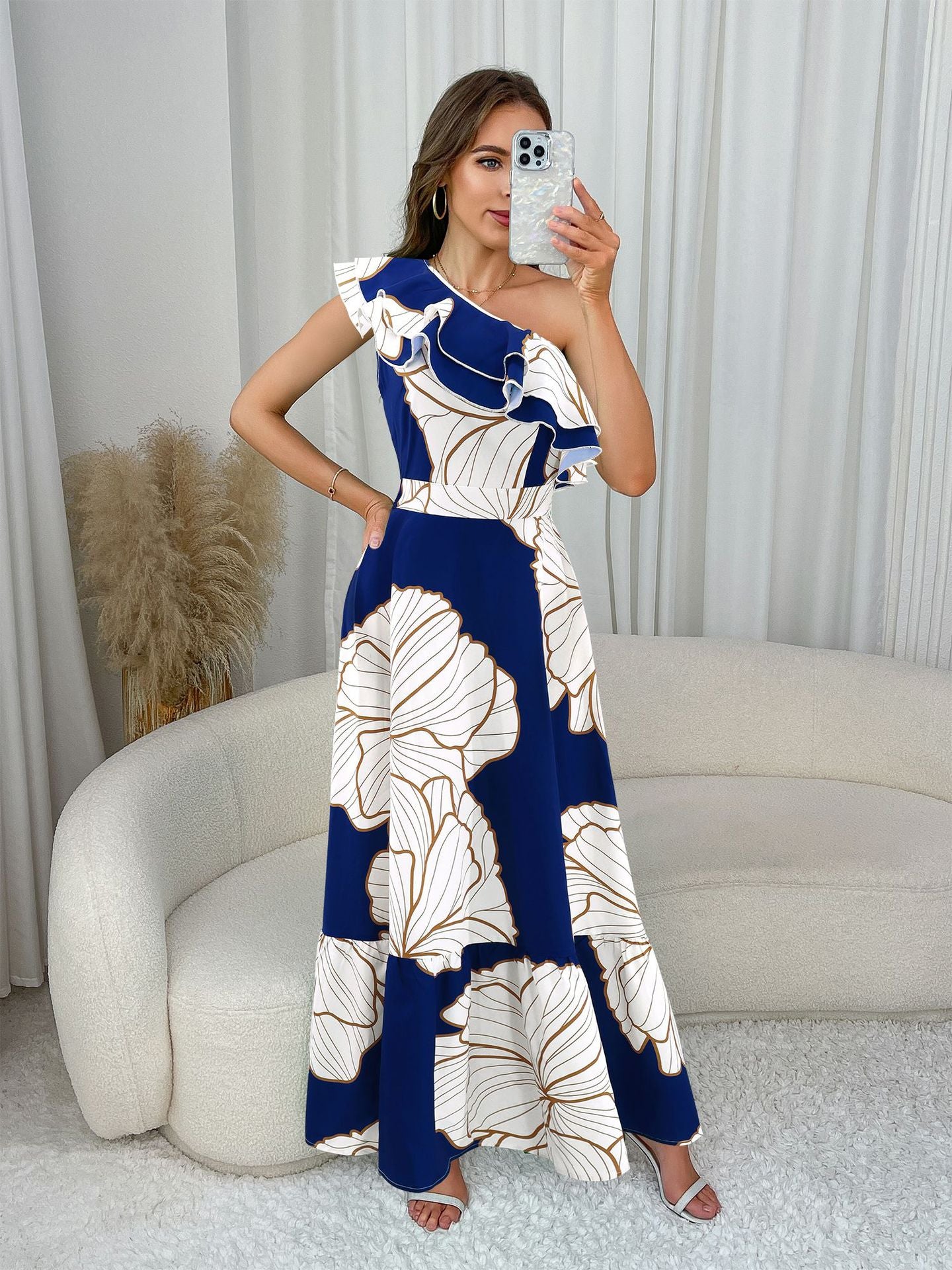 Ruffle Slash Shoulder Low Back High Slim Waist Women's Long Dress