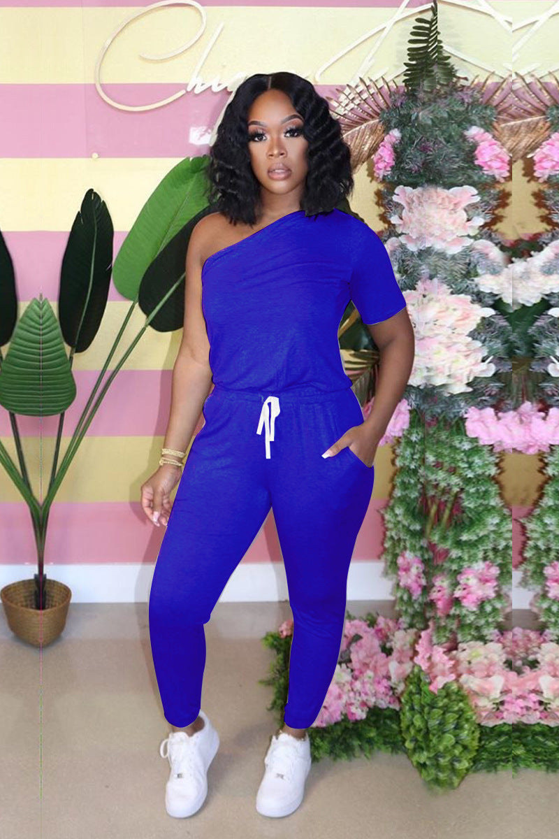 Sexy Women's Slash Shoulder Half Sleeve Solid Color Slim Fit Women's Sports Jumpsuit 20