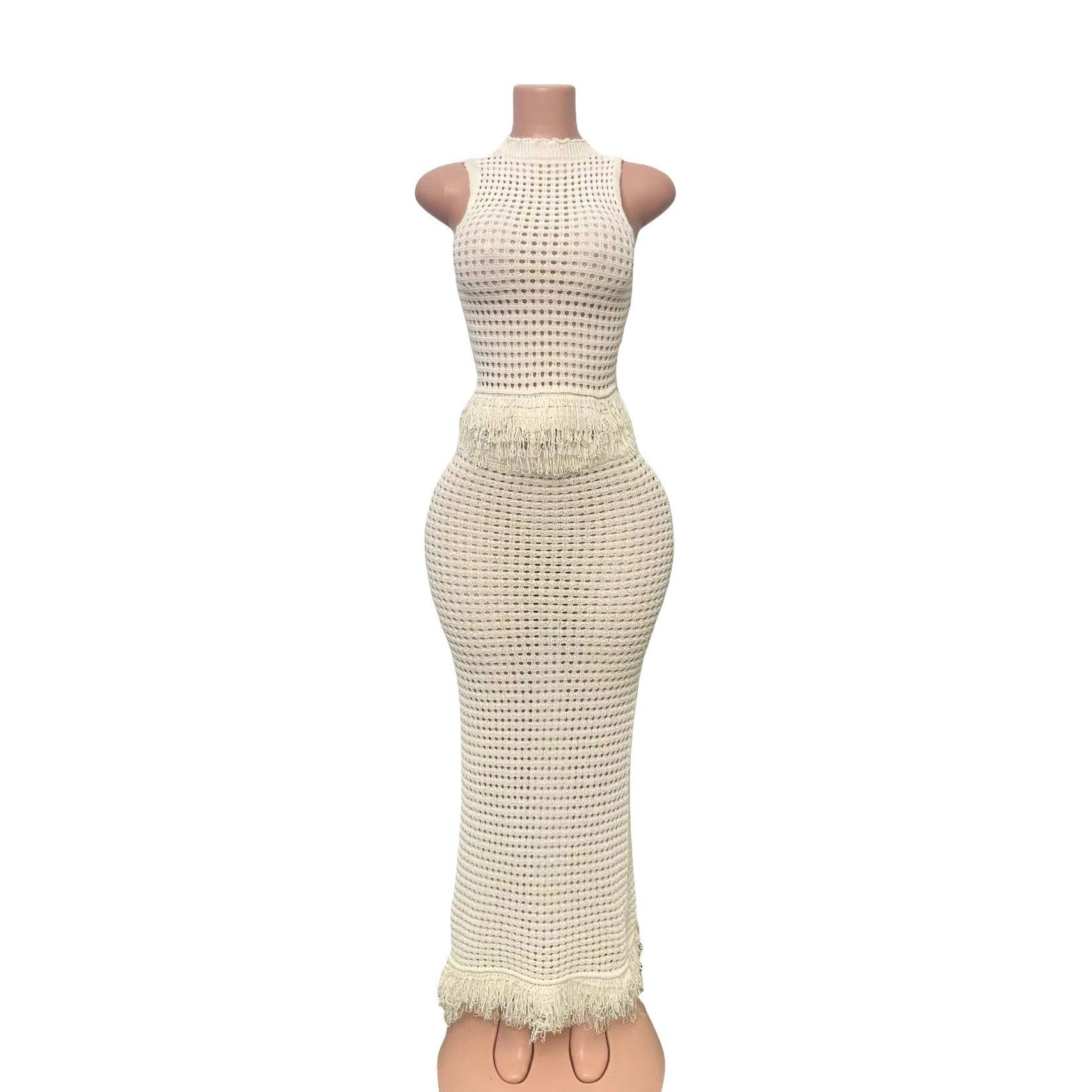 Women Cutout Knitting Tassel Sleeveless Turtleneck Top and Skirt Two-Piece Set 8