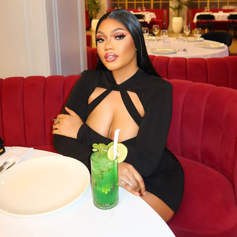 Women's Solid Color Hollow Out Sexy Fashion Long Sleeve Slim Waist Bodycon Short Dress 4