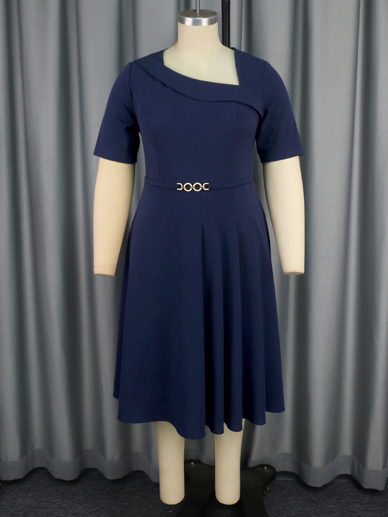 Plus Size Women asymmetric collar pleated Dress 12