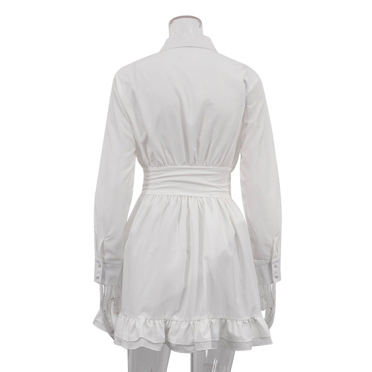 Spring Turndown Collar Long Sleeve A-Line Slim Waist White Ruffle Dress 6