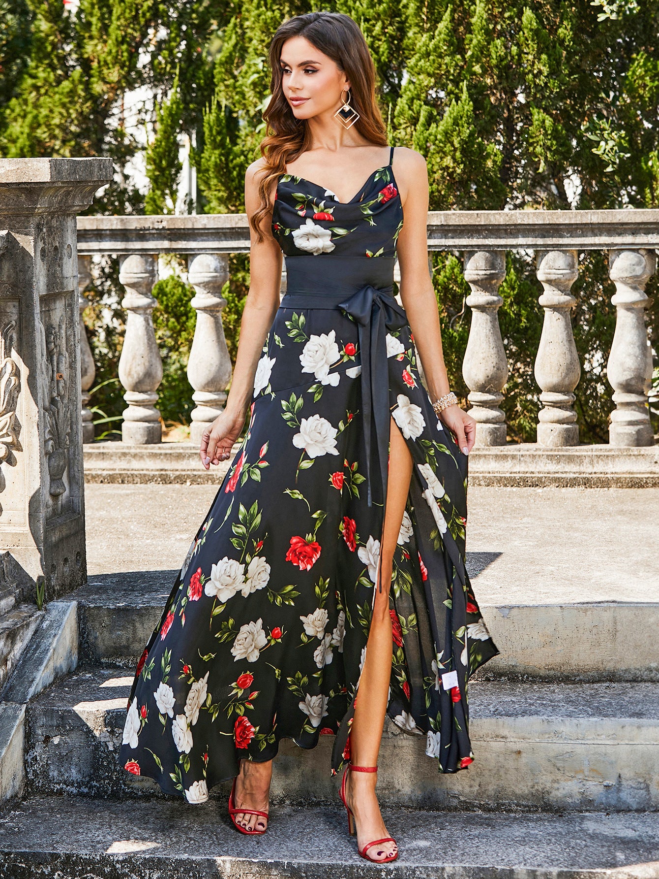 Summer Women's Print High Waist Slit Strap Holiday Dress with Print - Chic Holiday Style 6