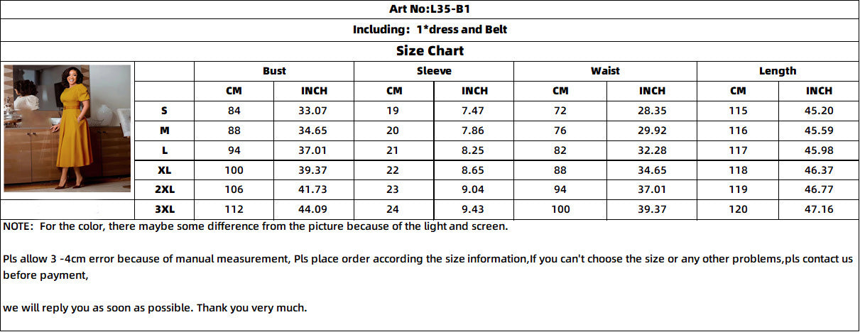 Women's Round Neck Chic Elegant Slim Waist Puff Sleeve A-Line African Dress 14