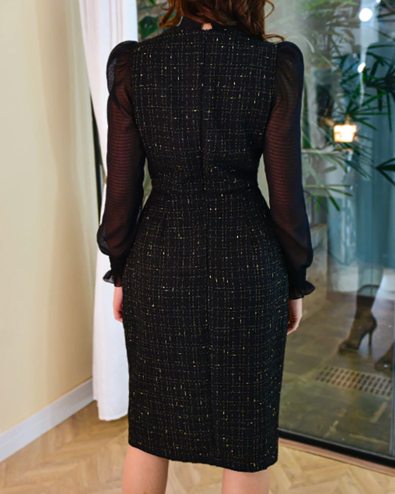 Women Black See-Through Mesh Patchwork Ruffle Edge Neck Lace-Up Dress 8