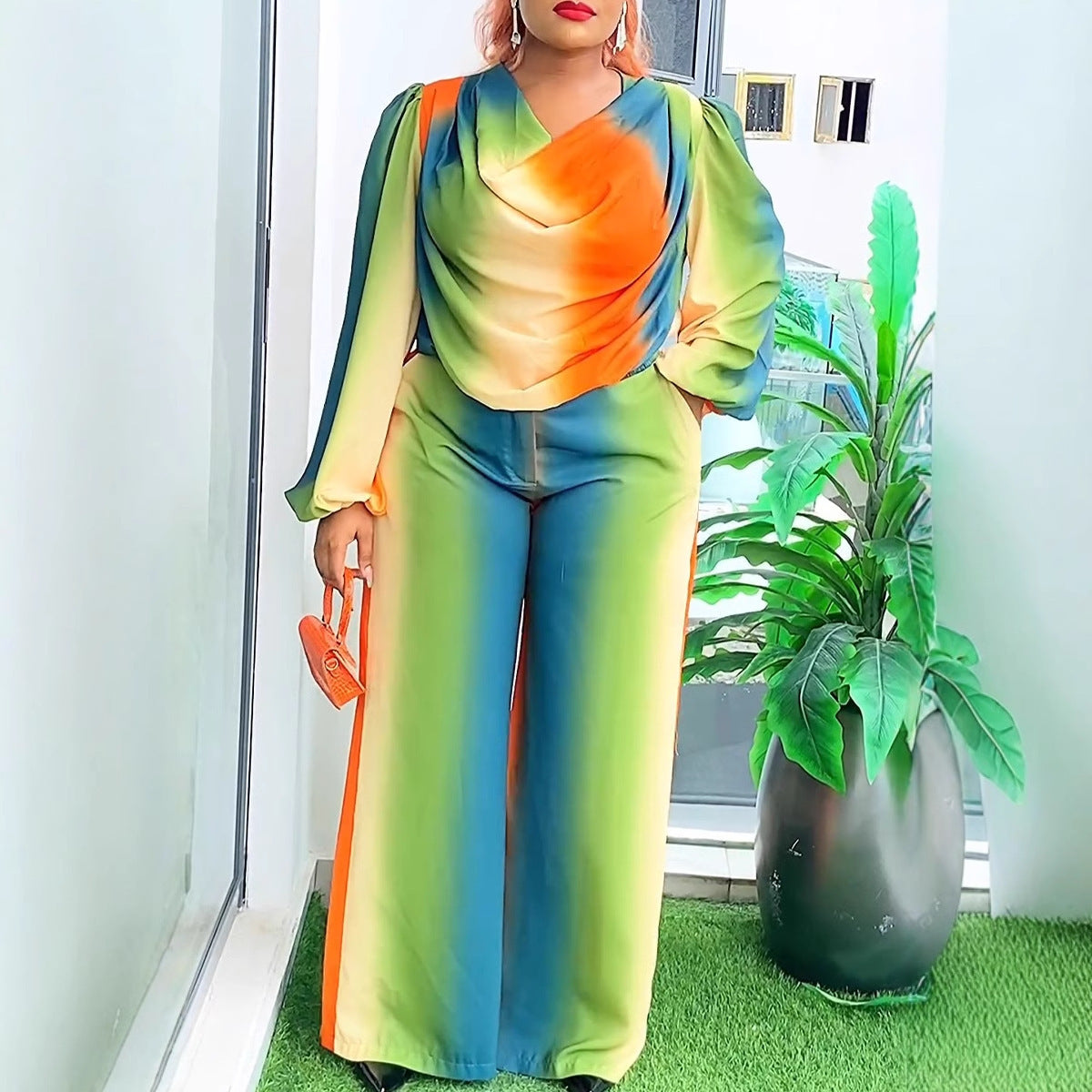 Women lantern sleeves Print swing collar top and wide-leg pants Two Piece Set 4