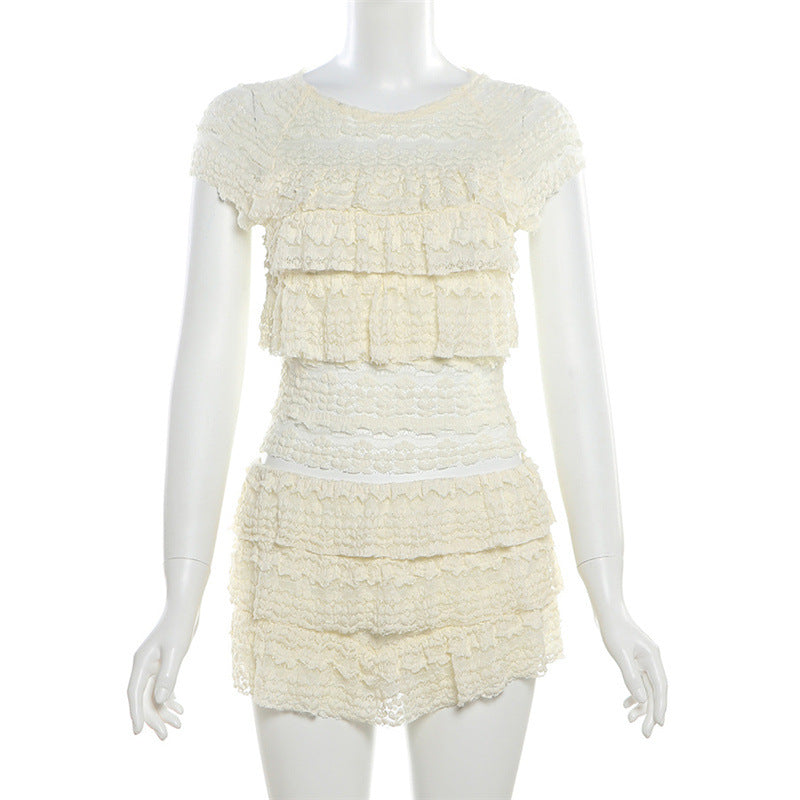 Summer Fashion Chic Sweet Solid Color Hollow Slim Pleated Two Piece Shorts Set For Women 9