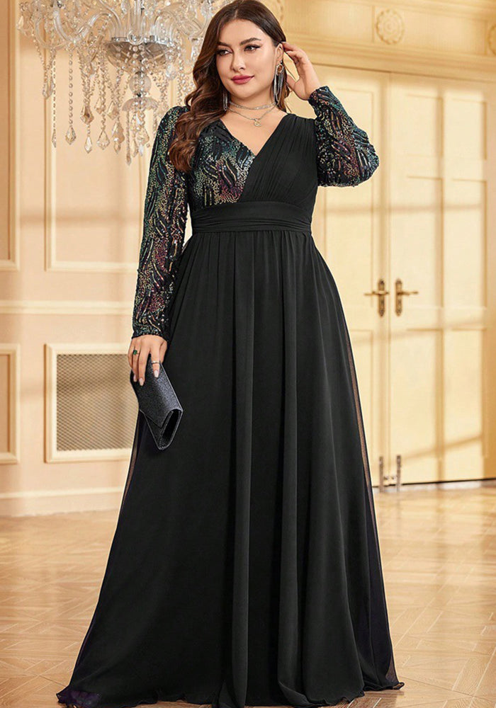 Plus Size Women sequin patchwork formal party fishtail maxi long sleeve evening dress