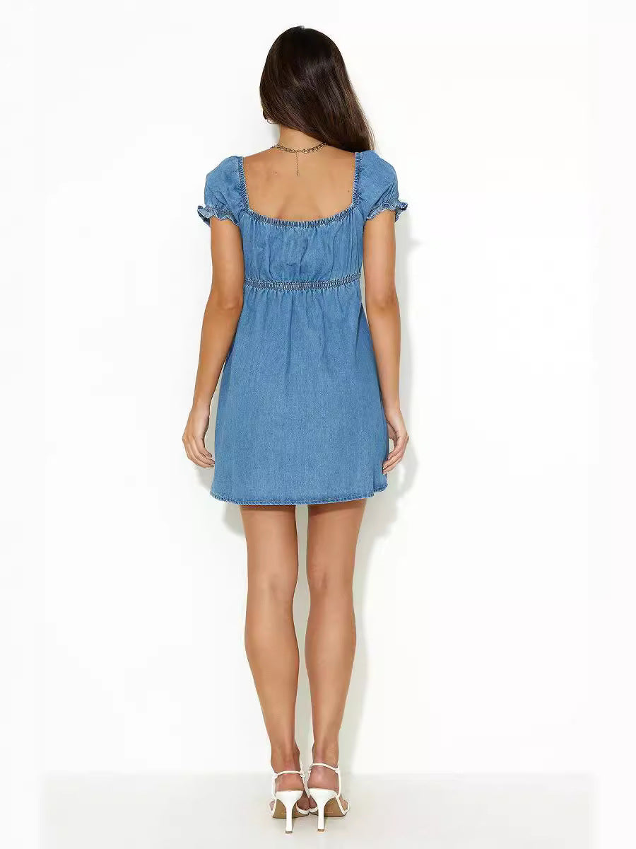 Women Hollow Lace Puff Sleeve Denim Dress 3
