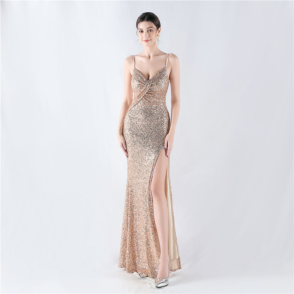 Women sequined sexy split sling evening dress 5