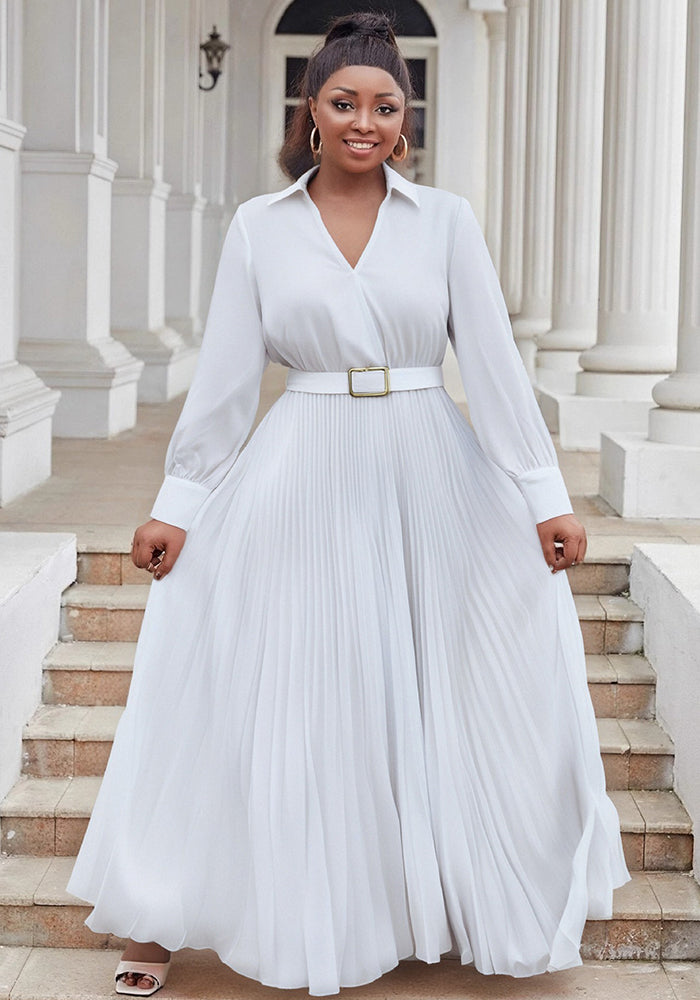 Plus Size Women V-Neck Long Sleeve Solid Pleated Dress with Belt