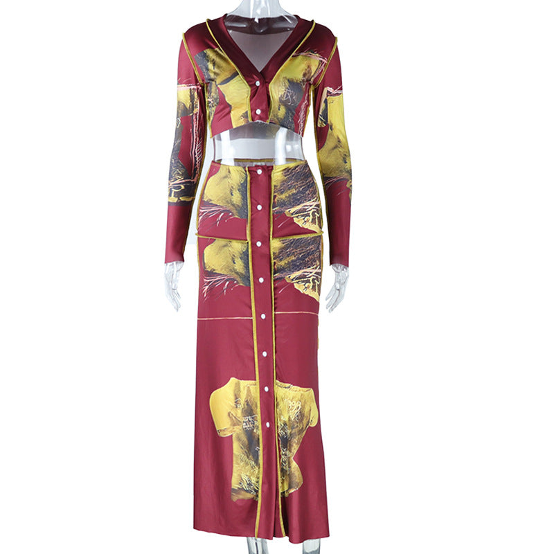 Women's Long Sleeve Crop Top Fashion Breasted Two-Piece Skirt Set 7