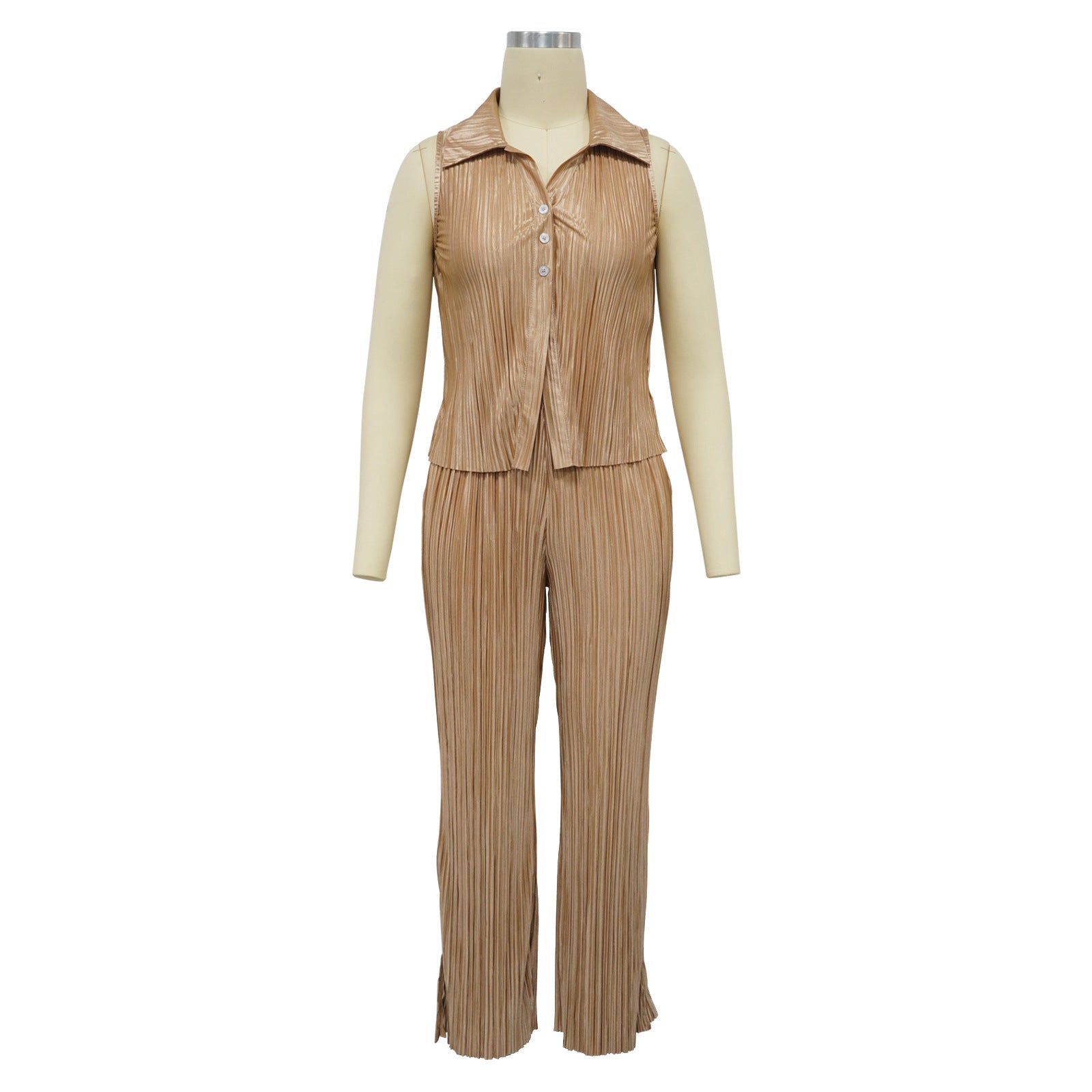 Fashion Women's Sleeveless Slit Pleated Casual Two-Piece Pants Set 11