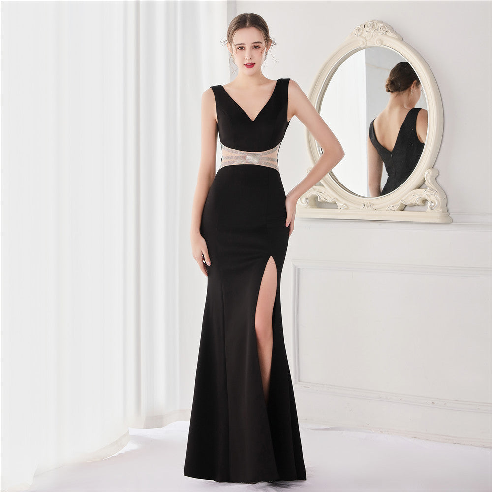 Summer Elegant v Neck Waist Rhinestone Slit Mermaid Evening Dress 11