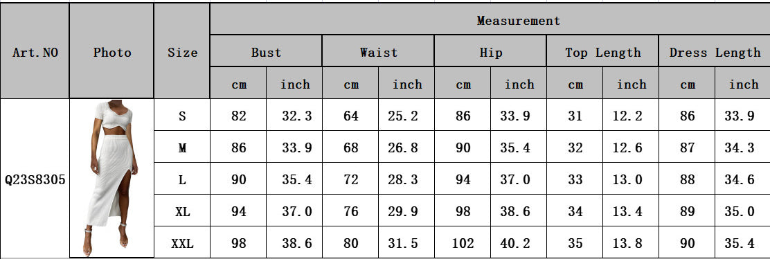 Women's Summer Short-Sleeved Ribbed Crop Top Slit Skirt Sexy Two-Piece Set 8