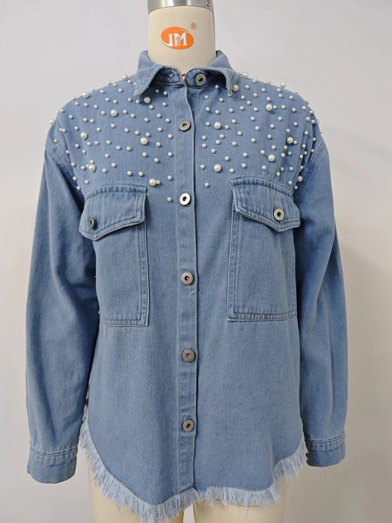 Women's Loose Beaded Denim Tops Shirts 9