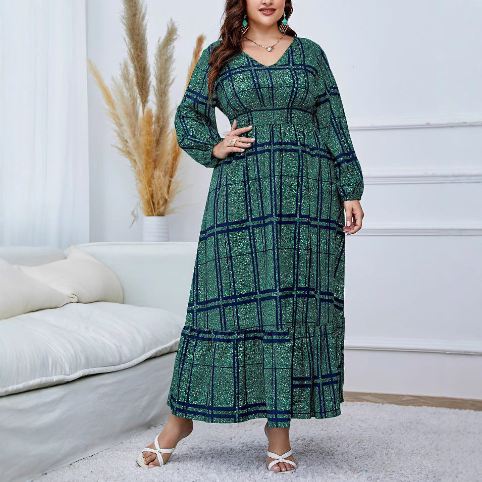 Spring And Autumn Loose High Waist Plaid Print Plus Size Dress 4