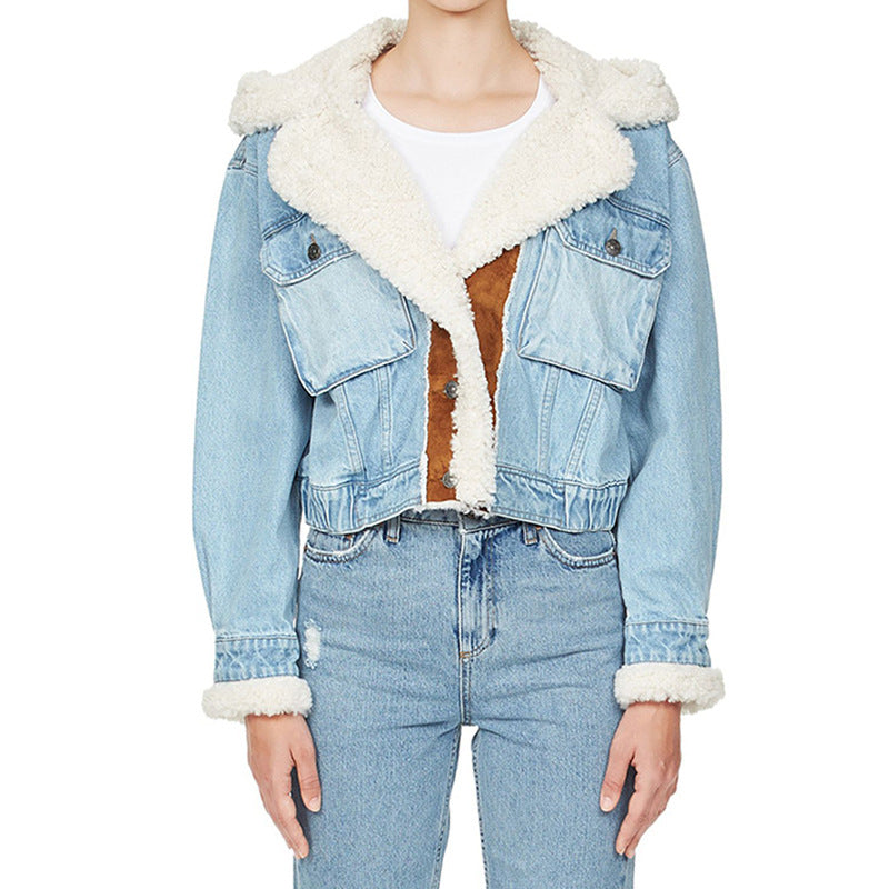 Women Denim Lamb Wool Autumn and Winter Patchwork Style Single Breasted Crop Jacket 7