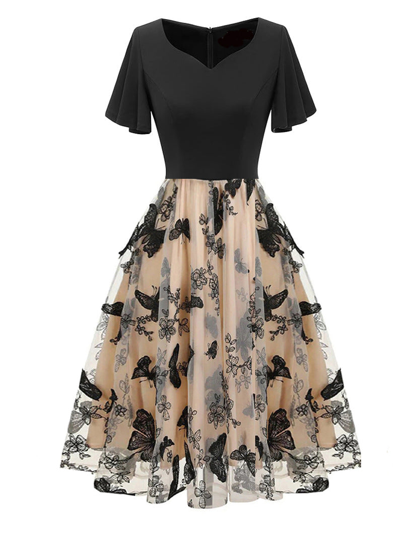 Women V-neck Patchwork Short Sleeve Retro Butterfly Mesh Embroidered Dress 4
