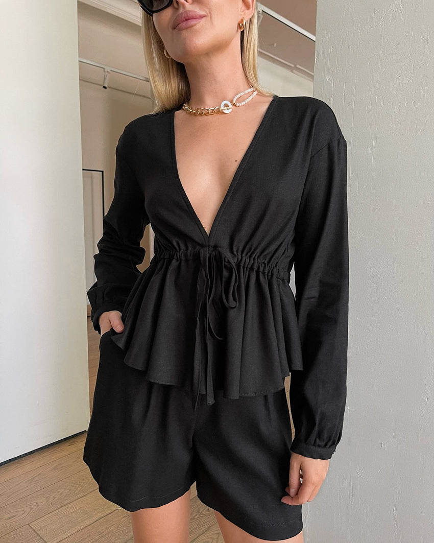 Black V-Neck Linen Long Sleeve Top Shorts Autumn And Winter Fashion Two-Piece Set 3