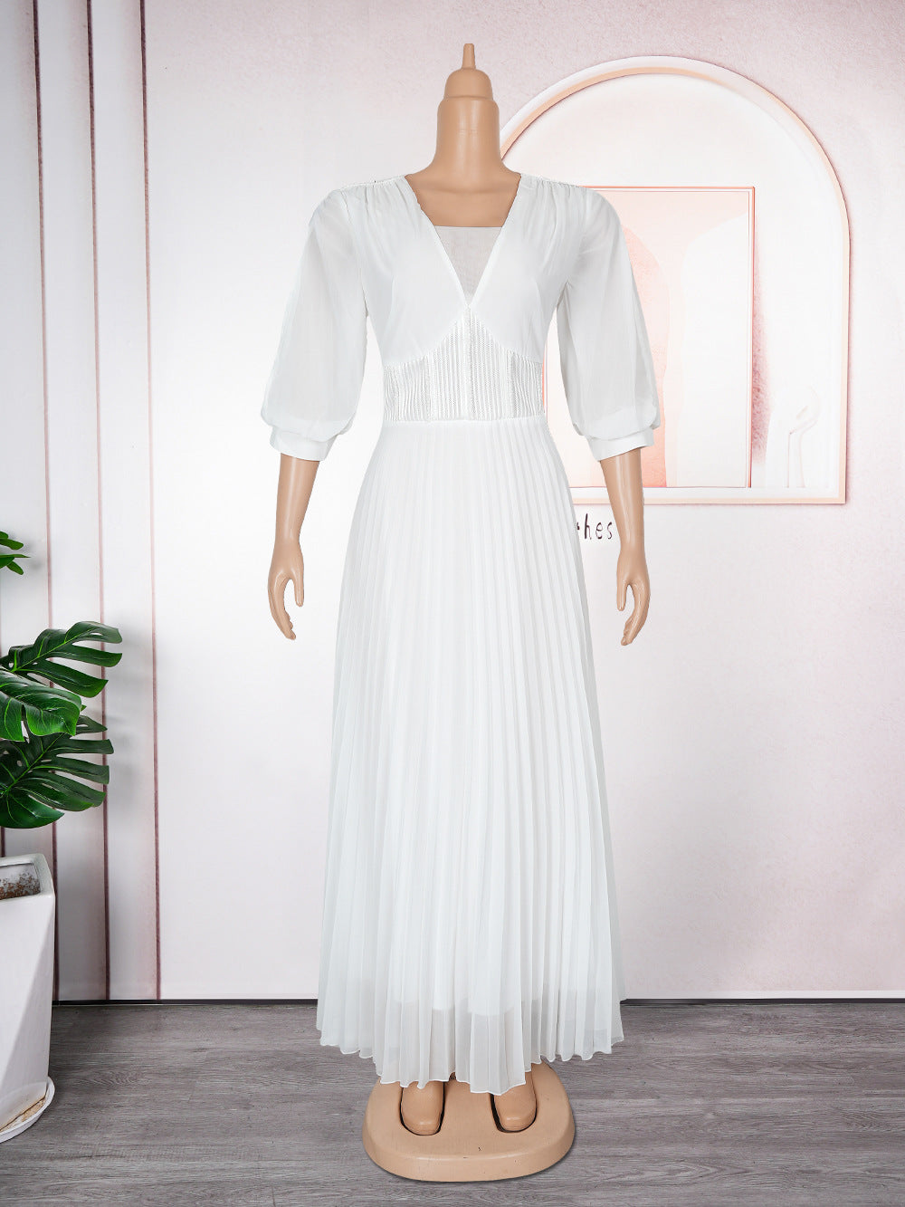 Plus Size African Women elegant v-neck pleated dress 16