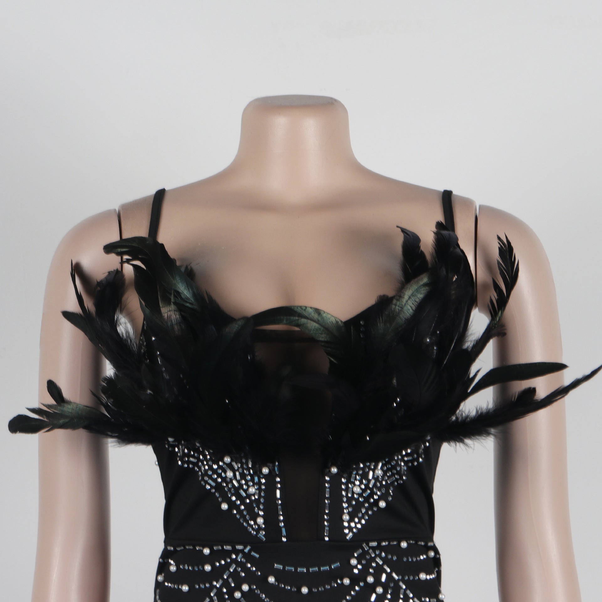 Sexy Beaded Feather Pearl Strap Bodycon Dress 11