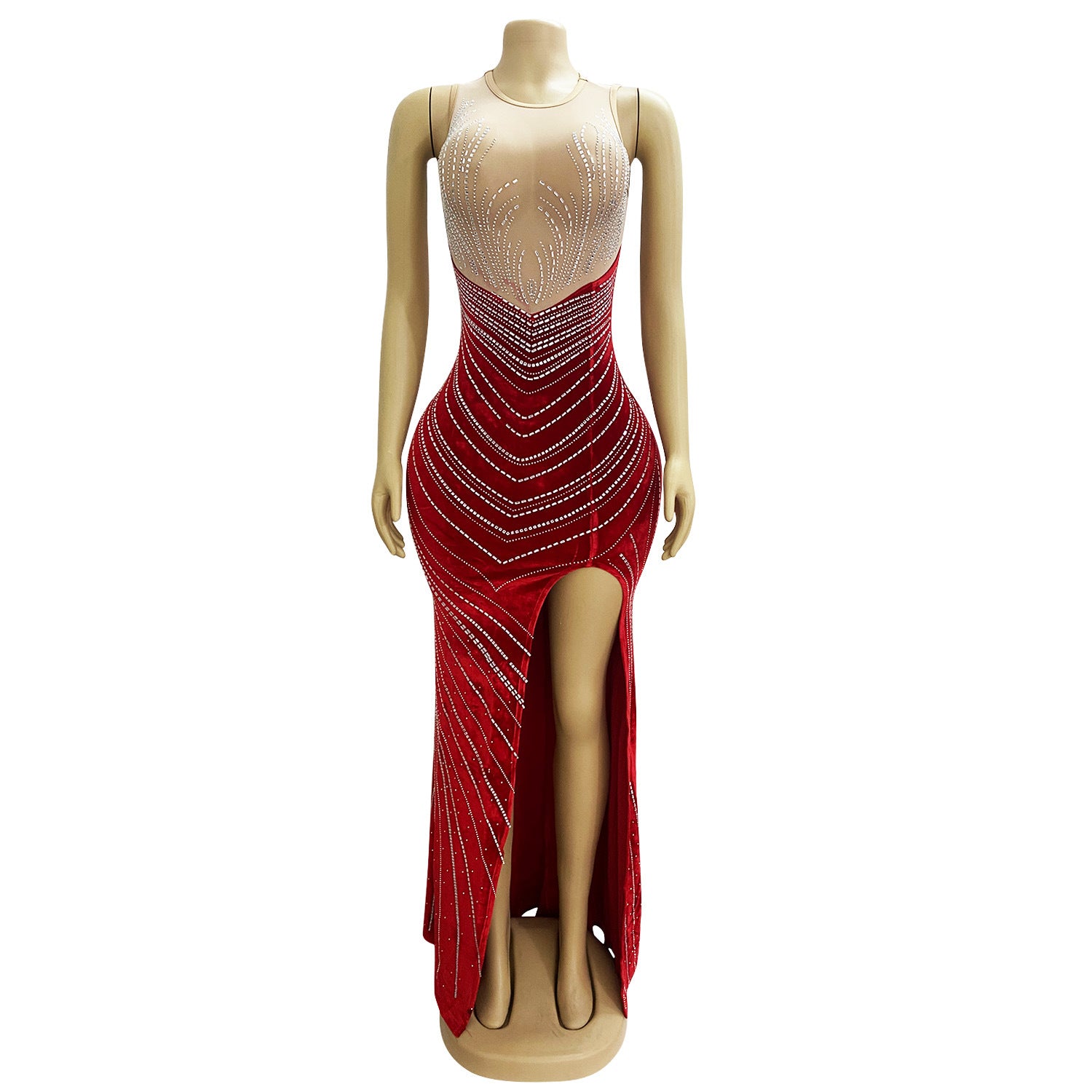 Spring Velvet Patchwork Mesh Beaded Sleeveless Nightclub Long Dress 19