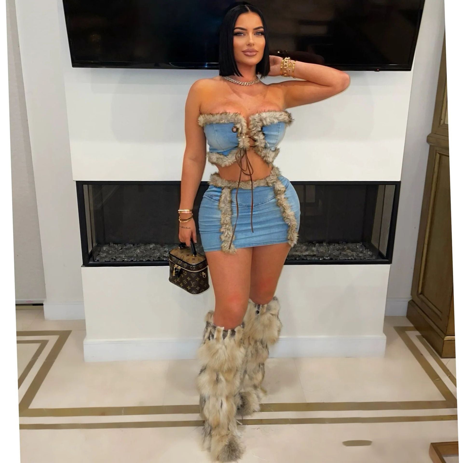 Women Plush Strapless Top and Bodycon Skirt Denim Two Piece Set