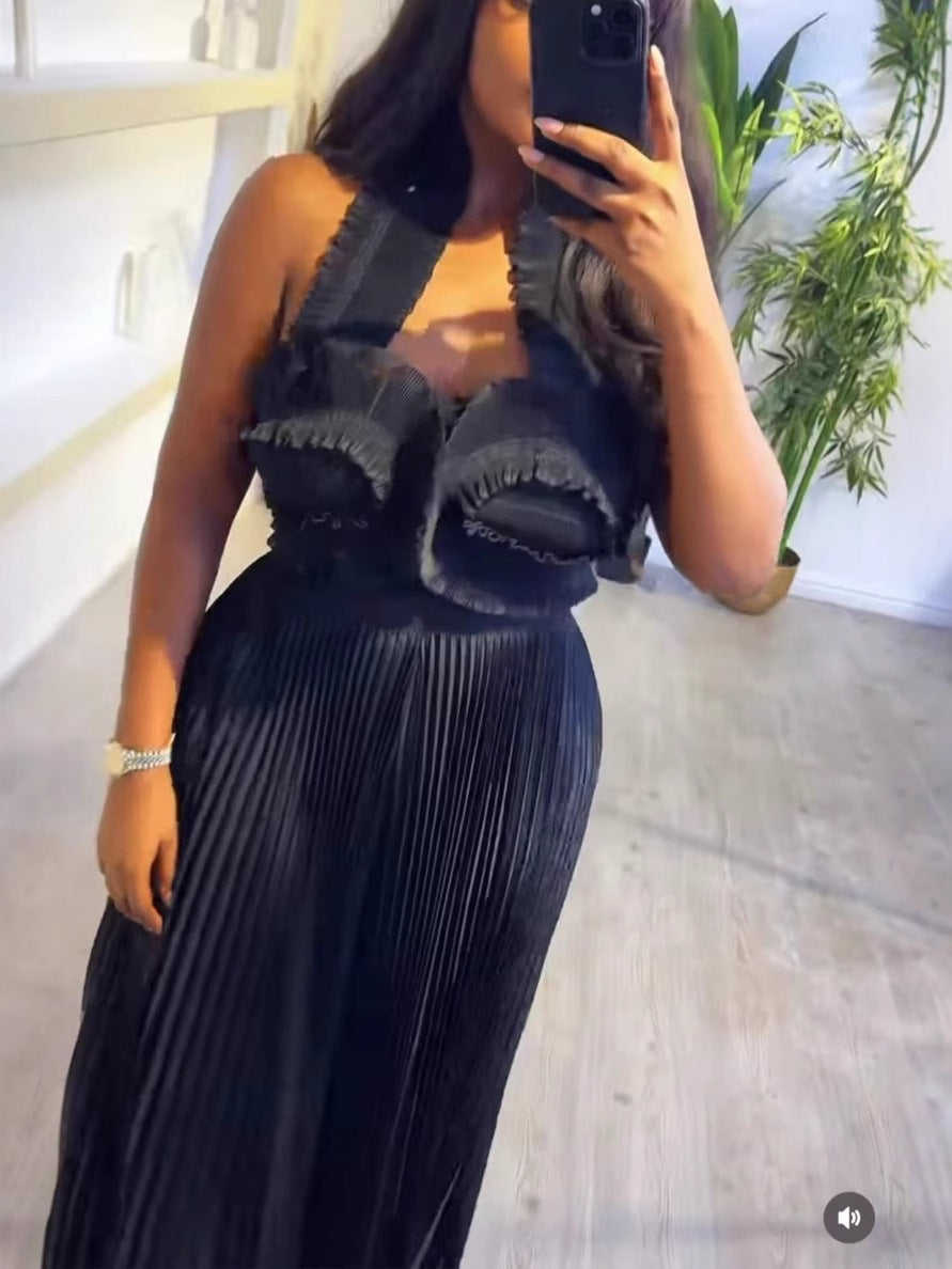 Women African Pleated Top + Wide Leg Pants Two-Piece Set 9