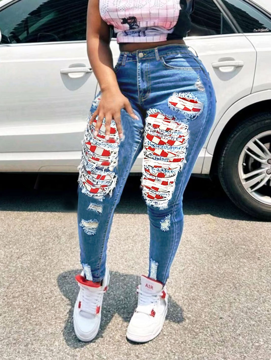 Sexy Red Plaid Patch Ripped Tight-Fitting Casual Stretch Denim Pants