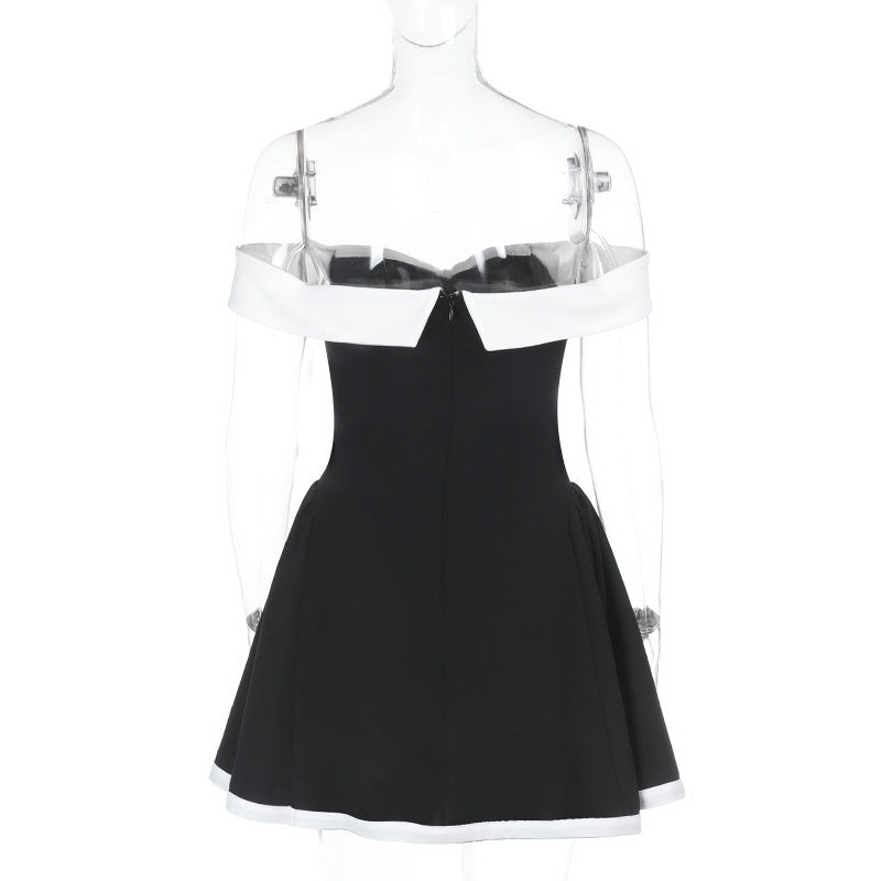 Summer Off Shoulder Contrast Color Elegant Slim Waist Tight Fitting Short Dress 8